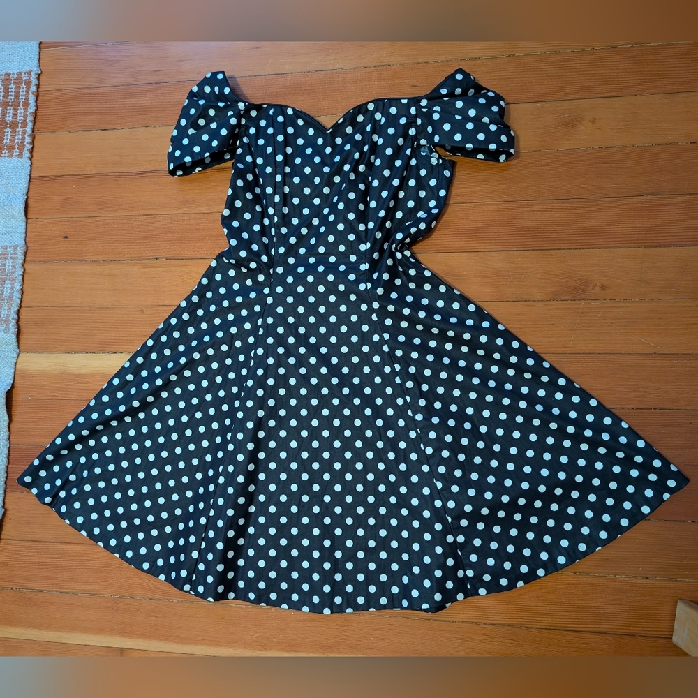 Vintage LAURA ASHLEY Dress 12 Corset Black White Polka Dot Rockabilly Pinup 80s - Picture 6 of 7